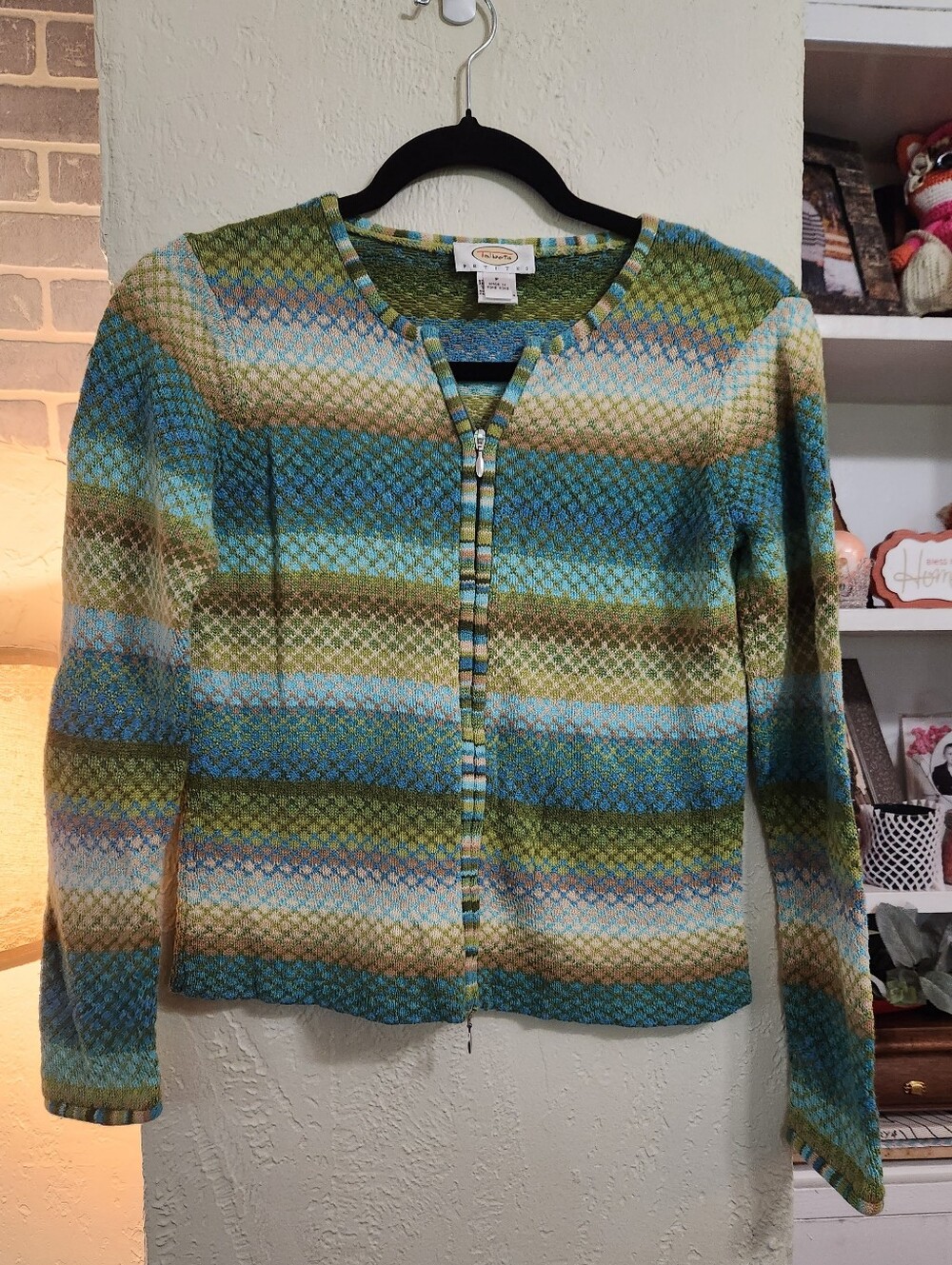 Vintage Talbots Striped Zip Up Sweater In Blue Green EUC